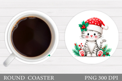 Christmas Cat Coaster Design. Christmas Round Coaster Product Image 1
