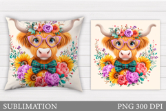 Cute Cow Pillow Design. Cow Flowers Pillow Sublimation Product Image 1