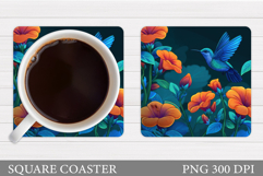Hummingbird Coaster Design. Bird Flowers Square Coaster Product Image 1