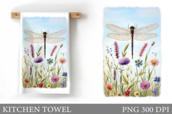 Dragonfly Kitchen Towel. Flowers Kitchen Towel Sublimation Product Image 1
