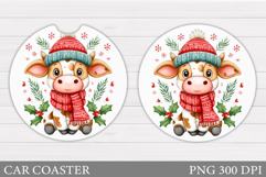 Christmas Cow Car Coaster. Christmas Car Coaster Sublimation Product Image 1