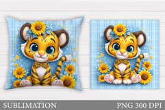 Cute Tiger Pillow Design. Cute Tiger Flowers Sublimation Product Image 1