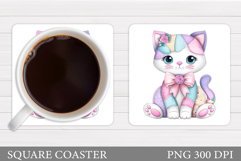 Patchwork Cat Coaster Design. Cute Cat Sublimation Product Image 1