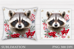 Cute Raccoon Pillow Design. Christmas Pillow Sublimation Product Image 1