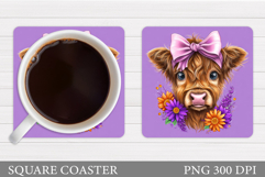 Highland Coaster Sublimation. Cow Flowers Coaster Design Product Image 1