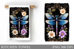 Dragonfly Kitchen Towel. Flowers Kitchen Towel Sublimation Product Image 1