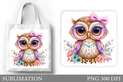 Cute Owl Tote Bag Design. Cute Owl Flowers Sublimation Product Image 1