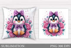 Cute Penguin Pillow Design. Penguin Flowers Sublimation Product Image 1