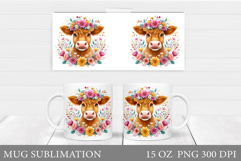 Cute Cow Mug Sublimation. Cow Flowers Mug Wrap Design Product Image 1
