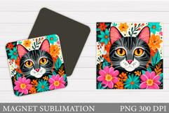 Cat Flowers Magnet Sublimation. Cute Cat Magnet Design Product Image 1
