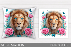 Lion Pillow Sublimation. Lion Flowers Pillow Design Product Image 1