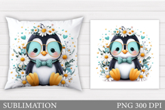 Cute Penguin Pillow Design. Penguin Flowers Sublimation Product Image 1