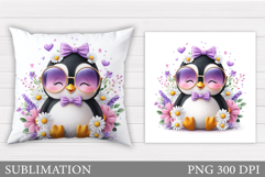Cute Penguin Pillow Design. Penguin Flowers Sublimation Product Image 1