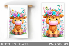 Highland Cow Kitchen Towel. Cow Flowers Kitchen Towel Design Product Image 1