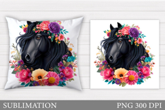 Horse Pillow Sublimation. Horse Flowers Pillow Design Product Image 1