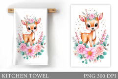 Cute Deer Kitchen Towel. Deer Flowers Kitchen Towel Design Product Image 1