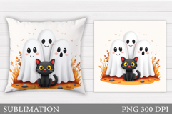 Halloween Ghost Pillow Design. Black Cat Pillow Sublimation Product Image 1
