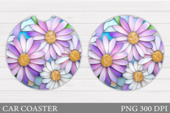 Daisy Flowers Car Coaster Sublimation. Floral Coaster Design Product Image 1