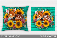 Cute Deer Pillow Sublimation. Deer Flowers Sublimation Product Image 1