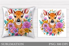 Cute Deer Pillow Sublimation. Deer Flowers Sublimation Product Image 1