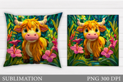Highland Cow Pillow Design. Cow Flowers Pillow Sublimation Product Image 1