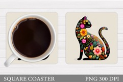 Floral Cat Coaster Design. Cat Sublimation Product Image 1