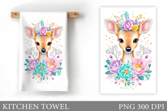 Deer Kitchen Towel. Deer Flowers Kitchen Towel Design Product Image 1