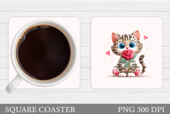 Valentines Cat Coaster. Cute Cat Coaster Sublimation Product Image 1