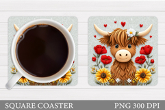 Highland Coaster Sublimation. Cow Flowers Coaster Design Product Image 1