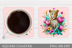 Leopard Coaster Design. Leopard Flowers Coaster Sublimation Product Image 1