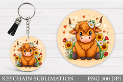 Cow Keychain Design. Cow Flowers Keychain Sublimation Product Image 1