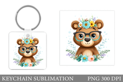 Cute Bear Keychain Sublimation. Bear Flowers Keychain Design Product Image 1