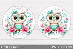 Owl Car Coaster Sublimation. Owl Flowers Car Coaster Design Product Image 1