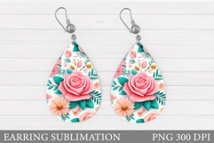 Roses Earring Sublimation. Flowers Teardrop Earring Design Product Image 1