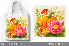 Pumpkin Tote Bag Design. Flowers Tote Bag Sublimation Product Image 1