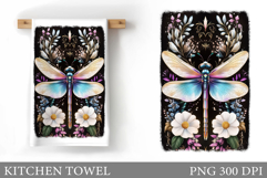 Dragonfly Kitchen Towel. Flowers Kitchen Towel Sublimation Product Image 1