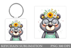 Cute Bear Keychain Sublimation. Bear Flowers Keychain Design Product Image 1