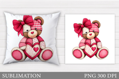 Patchwork Bear Pillow Design. Valentines Pillow Sublimation Product Image 1