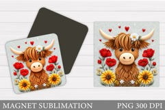 Highland Cow Magnet Design. Cow Flowers Magnet Sublimation Product Image 1