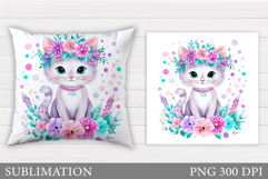 Cat Pillow Design. Cat Flowers Pillow Sublimation Product Image 1