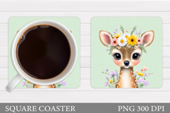 Cute Deer Coaster Sublimation. Deer Flowers Coaster Design Product Image 1