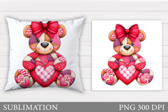 Patchwork Bear Pillow Design. Valentines Pillow Sublimation Product Image 1