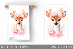 Deer Kitchen Towel. Deer Flowers Kitchen Towel Design Product Image 1
