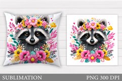 Cute Raccoon Pillow Design. Raccoon Flowers Pillow Product Image 1