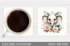 Cute Elephant Coaster. Elephant Flowers Coaster Sublimation Product Image 1