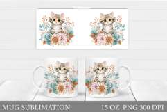 Cute Cat Mug Wrap Design. Cat Flowers Mug Sublimation Product Image 1
