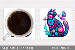 Floral Cat Coaster Design. Cute Cat Sublimation Product Image 1