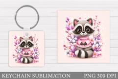 Cute Raccoon Keychain Design. Raccoon Flowers Keychain Product Image 1