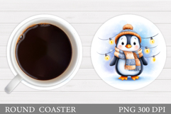 Christmas Penguin Coaster. Christmas Round Coaster Design Product Image 1