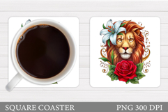 Lion Coaster Sublimation. Lion Flowers Coaster Design Product Image 1